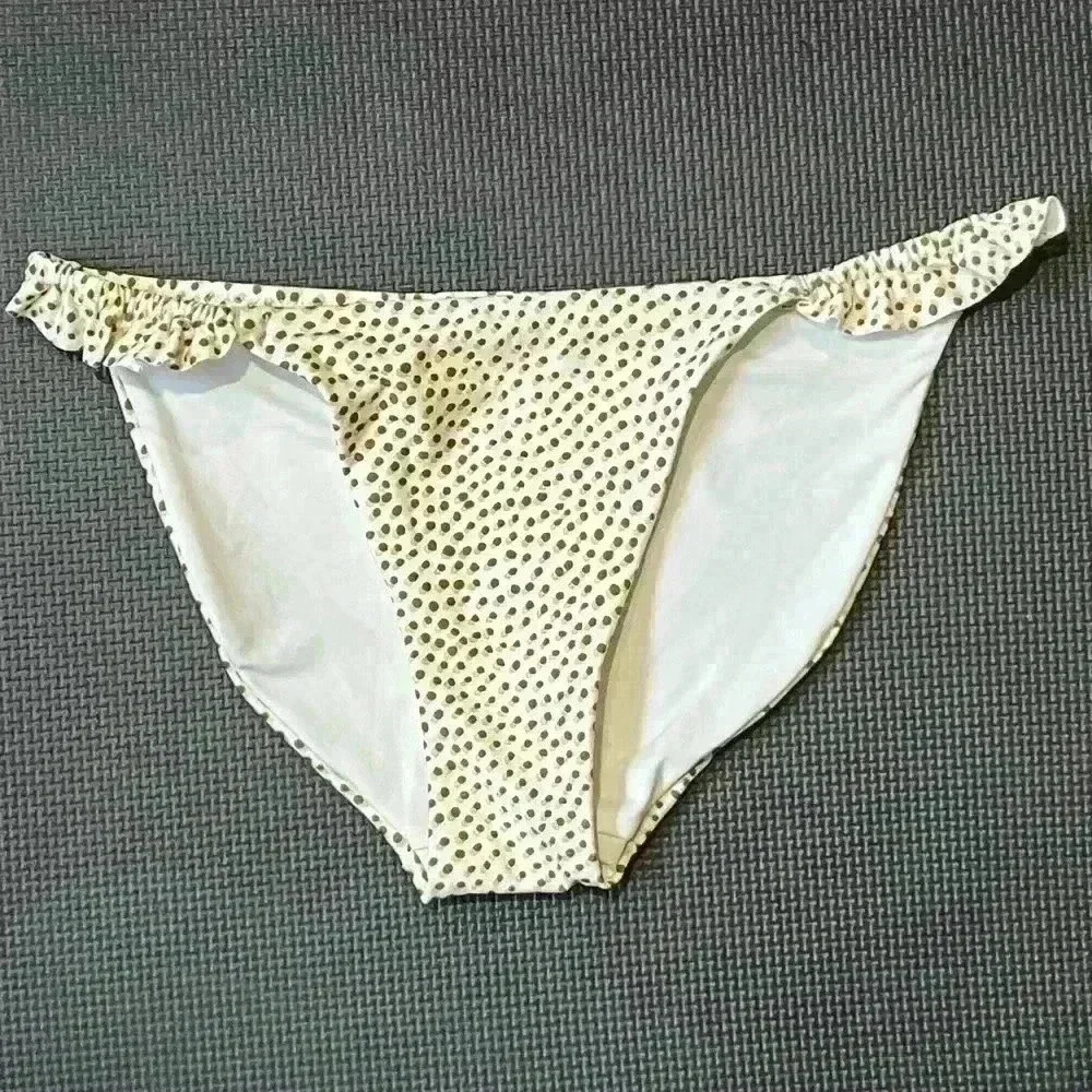 Aerie Bikini Bottom Women Small Cream Brown Dot Pattern Ruffle Full Coverage NWT